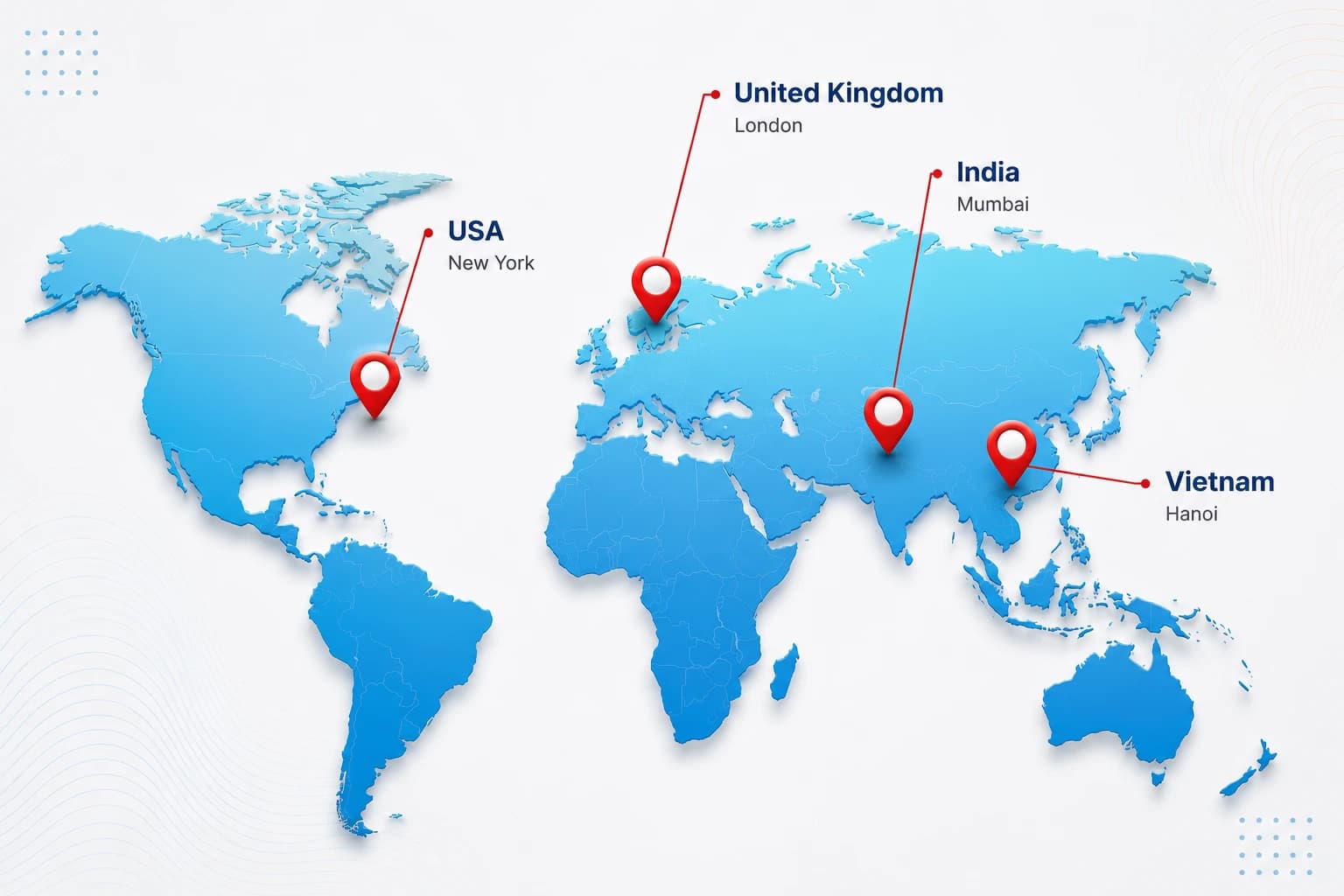 World map showing Shezartech offices in New York, London, Mumbai, and Hanoi